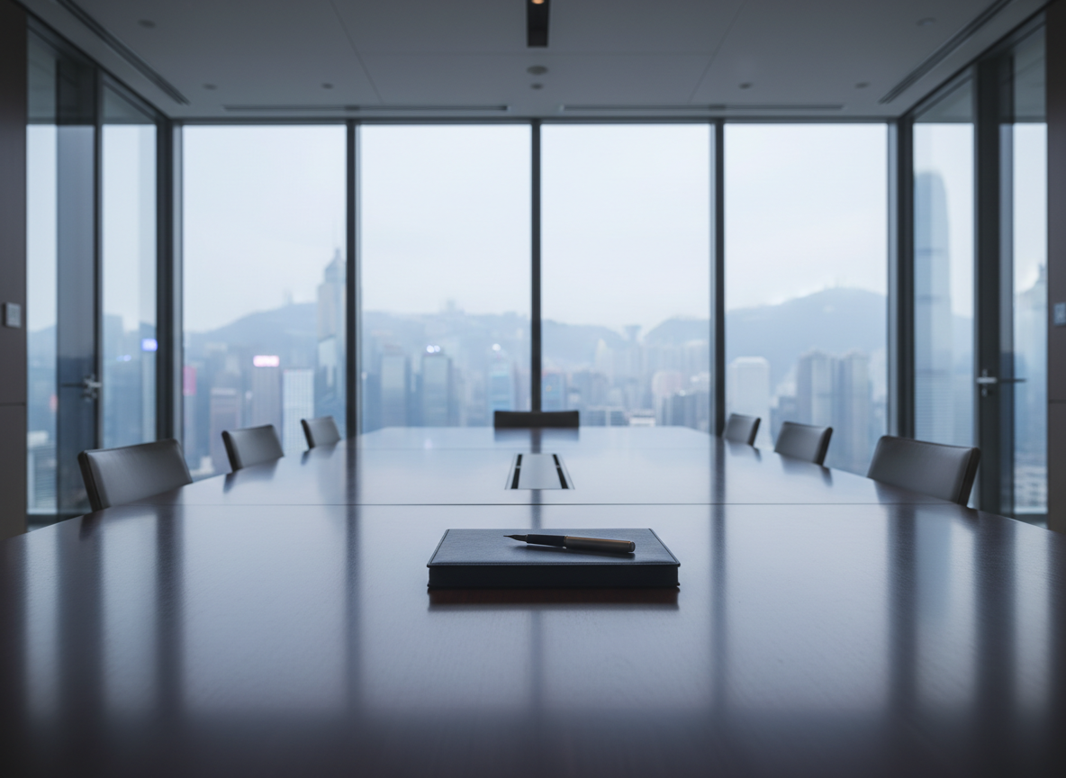 A sleek, glass-walled Hong Kong boardroom with a long, dark walnut conference table as the central focus, its surface immaculate except for a single, closed navy-blue leather portfolio and a brushed steel pen placed precisely on top. Floor-to-ceiling windows reveal a softly blurred skyline of Central’s skyscrapers. Cool, diffused daylight floods the room, creating crisp reflections on the polished tabletop and gentle shadows along the edges. Photographic realism with a clean, modern aesthetic, captured at eye level with a slight wide-angle lens, sharp focus throughout. The mood is professional and composed, conveying discretion, precision, and high-level legal recruitment without showing any people.